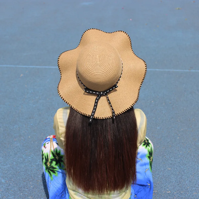

Summer Women Fashion Wavy Edge Bow Hats Visor Outdoor Vacation Tourism Sunscreen Sun Hat Seaside Wild Top Hat Foldable Straw Hat