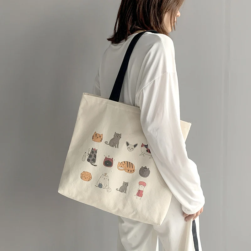 

Ladies Canvas Shopping Bag Cute Pet Cat Large Reusable Grocery Bag Eco Cloth Cotton Women Shoulder Fashion Handbag Tote Shopper