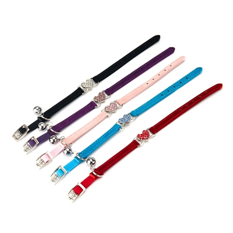 

Y5GB Cat Collar Adjustable Soft Velvet Kitten Collar Elastic Belt with Shining Heart Decoration and Bell 5 Colors
