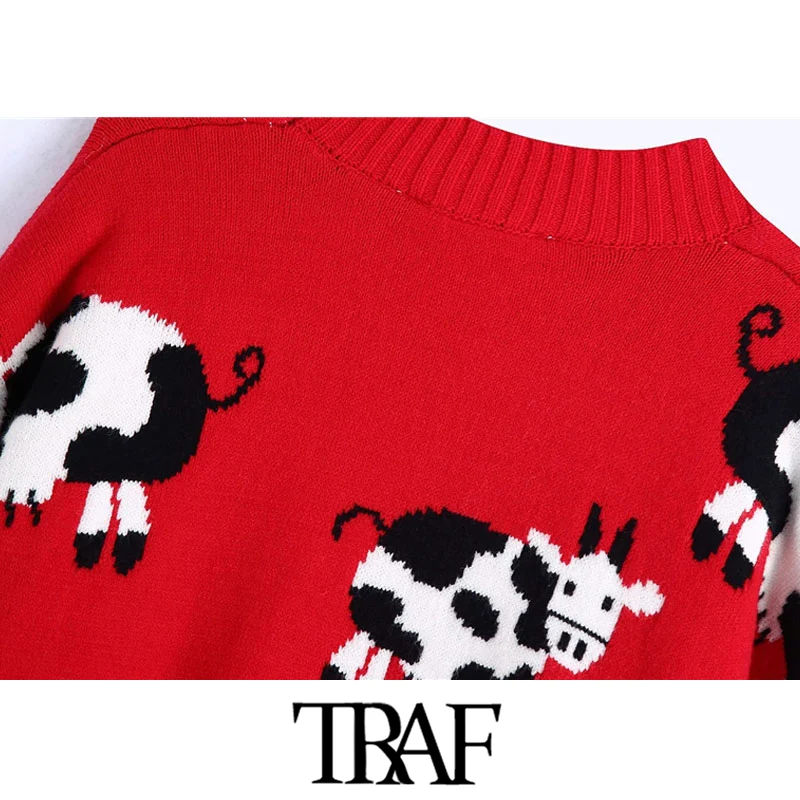 

TRAF Women Fashion Oversized Animal Pattern Knitted Cardigan Sweater Vintage Long Sleeve Female Outerwear Chic Tops