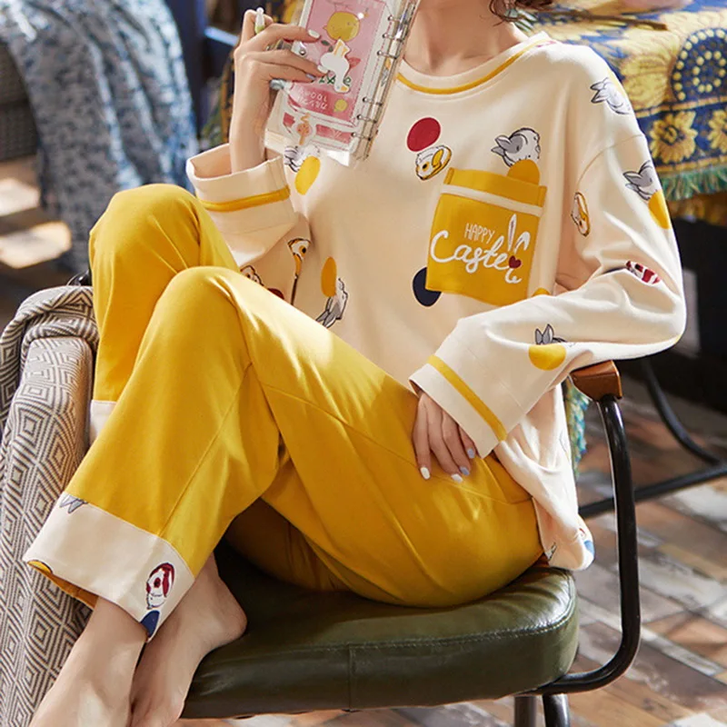 

Осенний хлопковый пижамный комплект с мультяшным рисунком, женские пижамы, одежда для сна, свободная пижама с длинным рукавом, Женская дома...