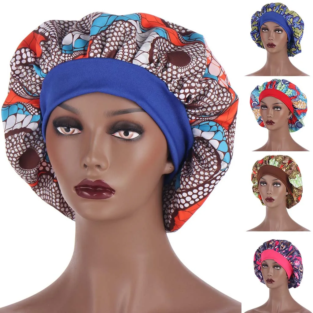 

African Pattern Women Satin Hair Protection Night Sleep Caps Hair Care Elastic Headband Hairdressing Shower Hat Bonnet Chemo Hat