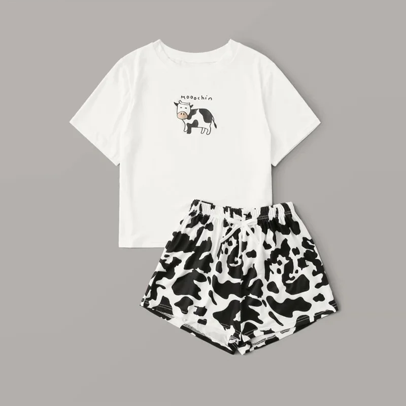 

Cute Pajamas for Women Cow Print 2020 Pyjamas Women Short Sleeve Sleepwear Cartoon Print Pijamas Women Summer Home Clothes
