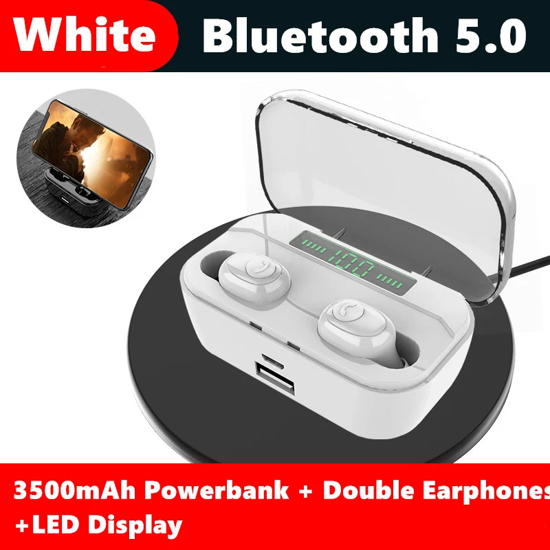 White Double LED 3500 мАч Bluetooth 5,0 наушники 8D HIFI TWS Bluetooth наушники CVC8.0 шумоподавление беспроводные Bluetooth наушники - Цвет: White Double LED