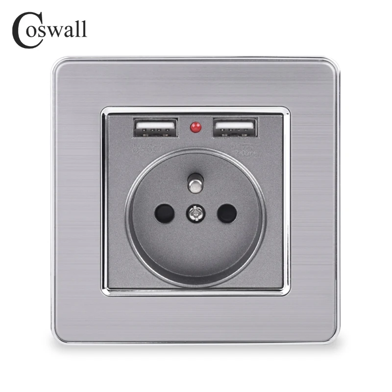 Coswall двойной usb зарядный порт 5 в 2.1A светодиодный индикатор 16A французская настенная розетка панель из нержавеющей стали Серый Черный Белый Золотой