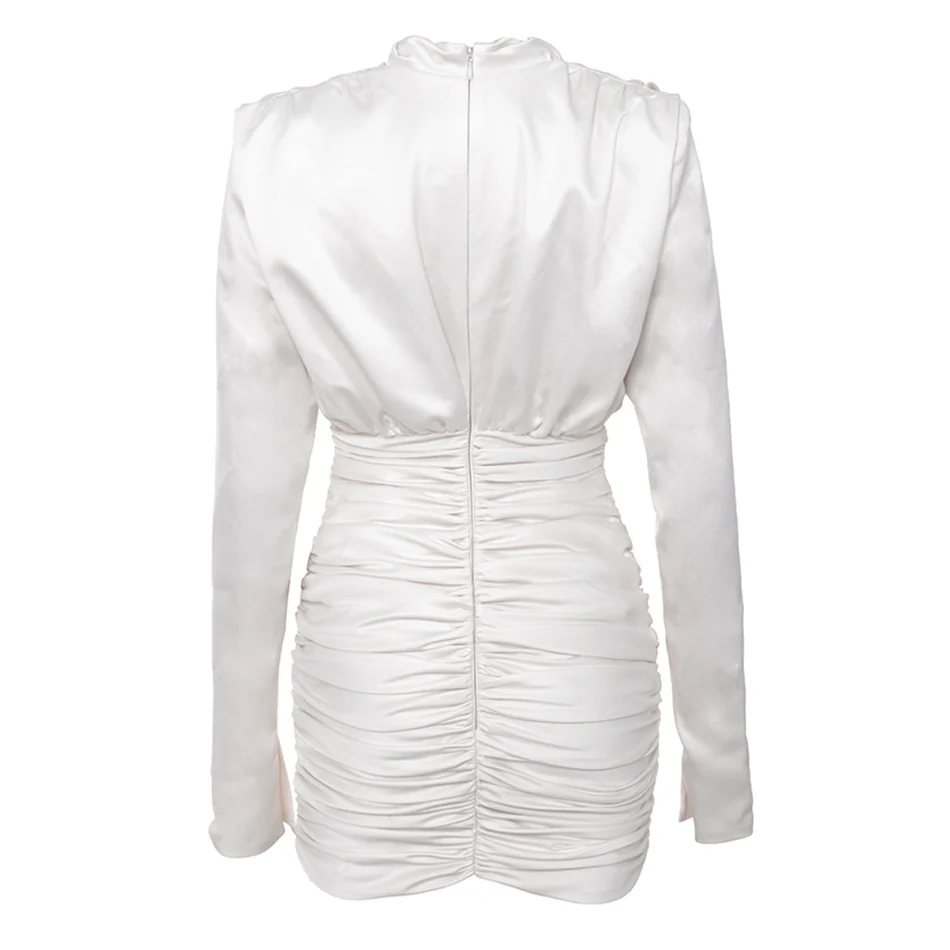 Женское атласное мини-платье с высоким воротником длинным рукавом и рюшами