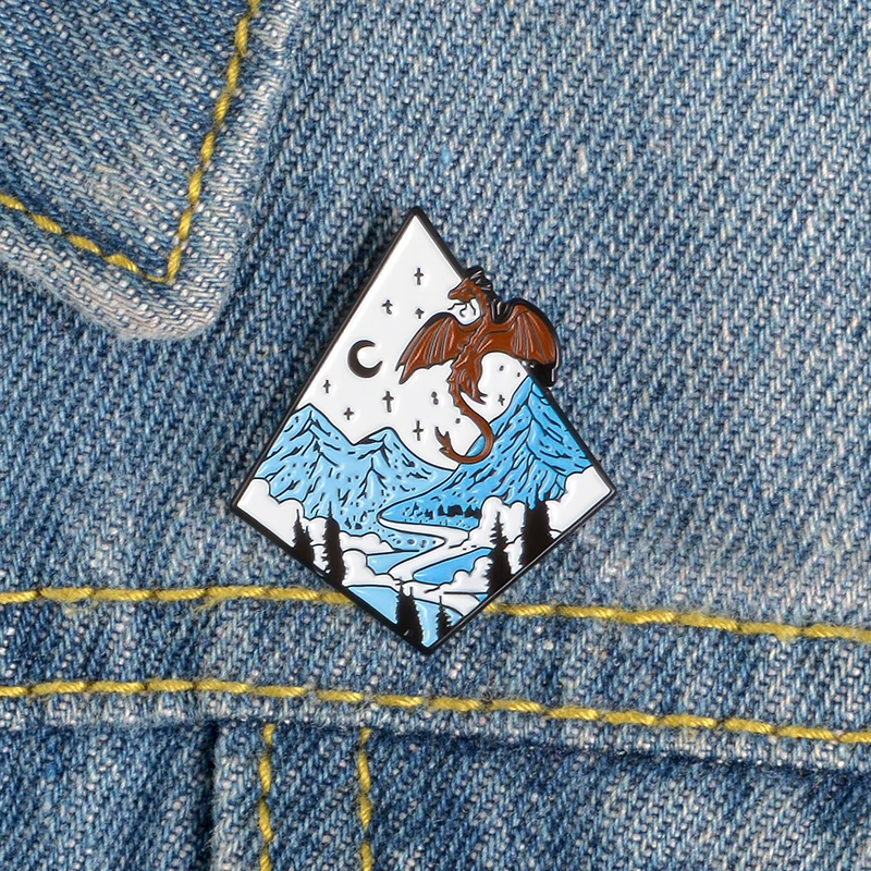 QIHE JEWELRY Nature Night Views Pins Dragon Brooches Enamel pins Stat Mountain River Badges Jewelry Gift for Friends