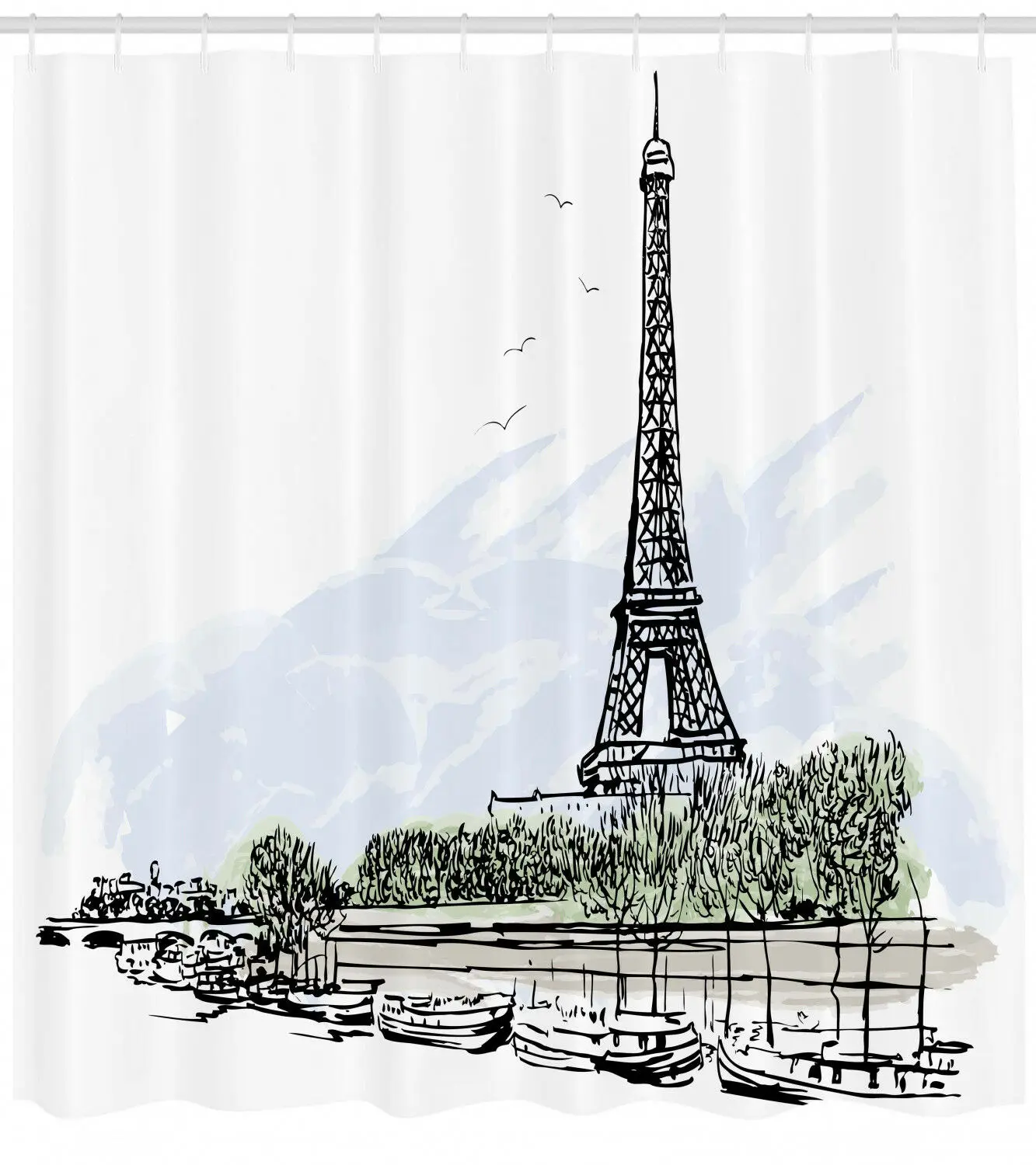 Paris Shower Curtain Eiffel Tower Birds Trees Print Custom