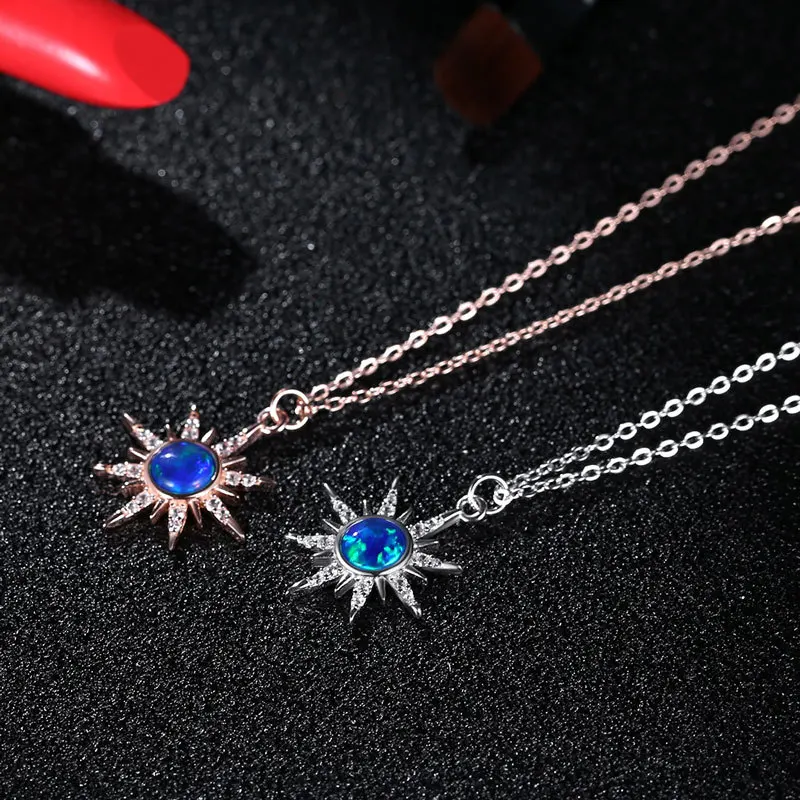 

925 Sterling Silver Sun Flower Blue Opal Stone Clavicle Chain Necklace Women Fashion Wedding Dress Jewelry Accessories