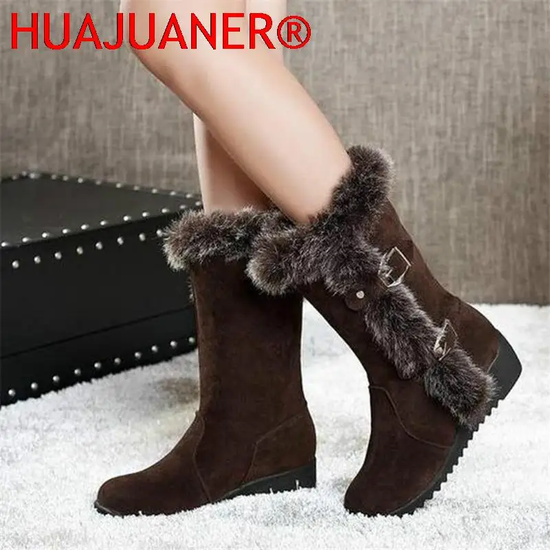 

2022 New Winter Women Casual Warm Fur Mid-Calf Boots Shoes Women Slip-On Round Toe Flats Snow Boots Shoes Muje Plus Size 35-42