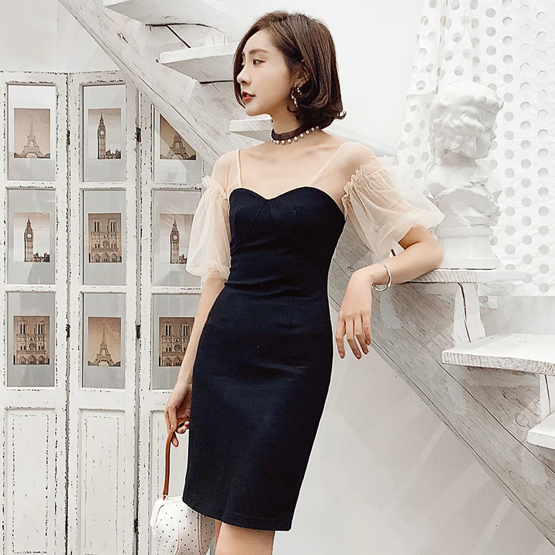 Женское платье футляр YIGELILA черное облегающее Сетчатое до колена с v образным