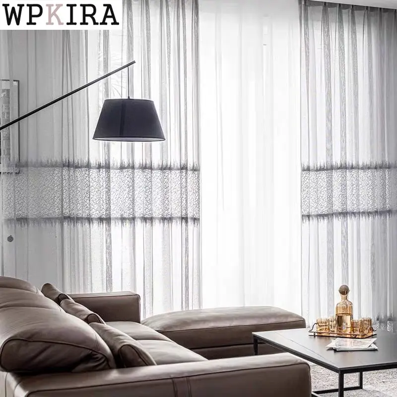 

Luxury Grey White Ice Crack Sheer Curtain for Living Room Jacquard Voile Drape Kitchen Partition Balcony Window S480#E