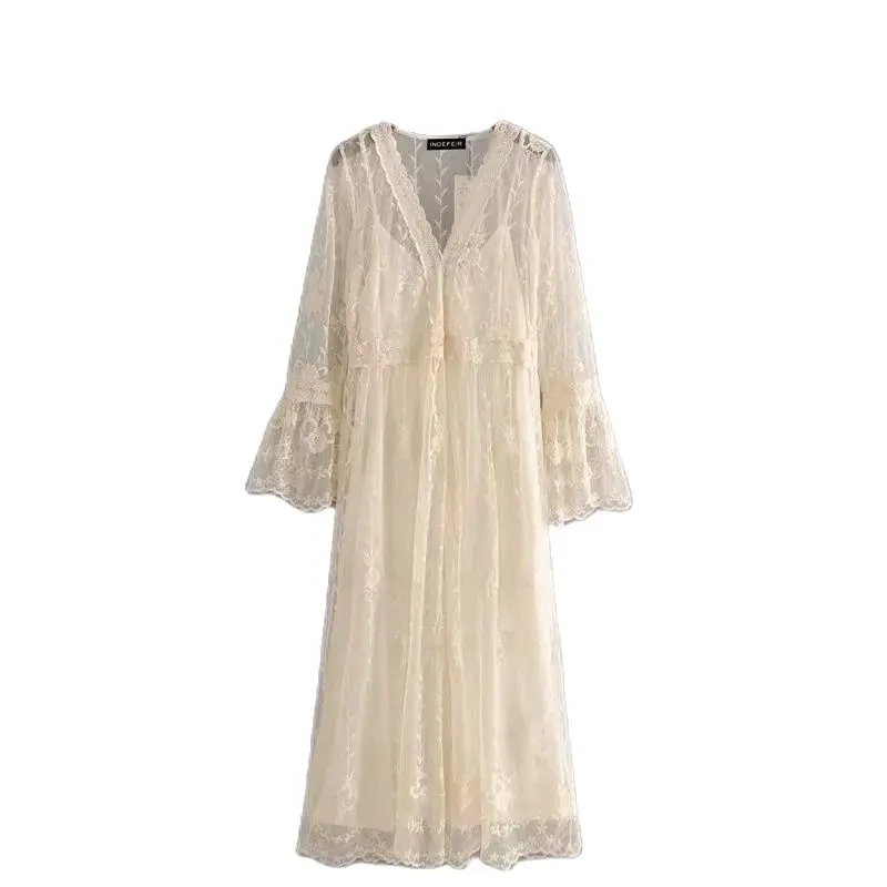 

Женское кружевное платье с вышивкой KRSB, белое Сетчатое вечерние-миди с рукавами-фонариками, лето 2021