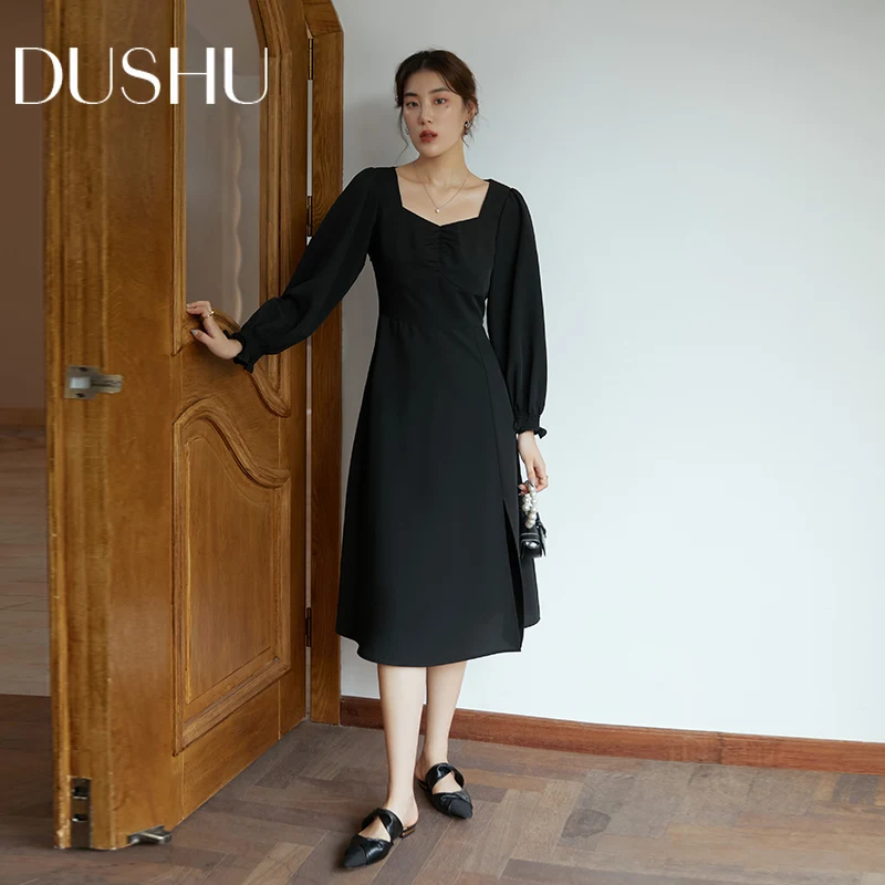 

DUSHU Woman Dress Design French Square Neck Dress Thin Temperament Black Dress Women Simple Long Sleeve Dress Black Slit Dresses