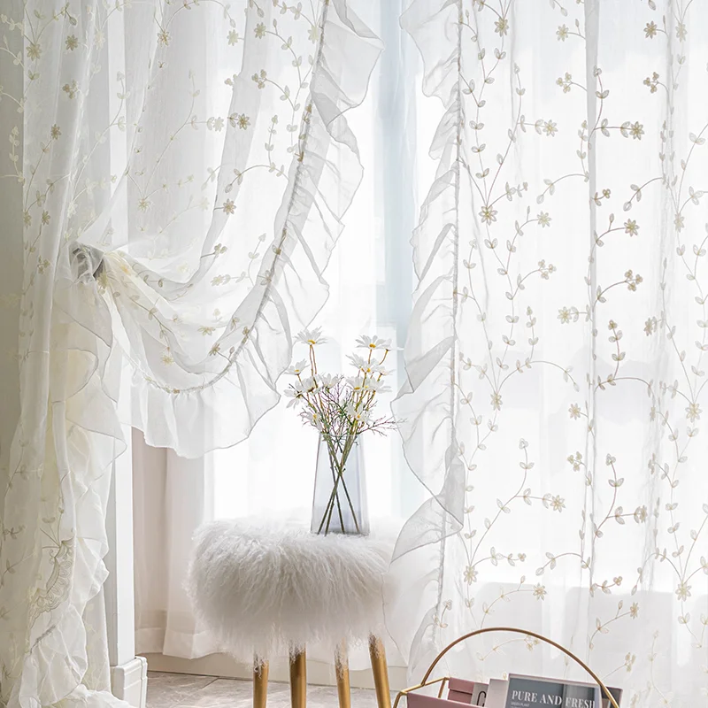 

French Lace Sheer Curtains for Living Room Bedroom Door White Voile Curtain Panel Ruffled Tulle for Kitchen Bathroom Window