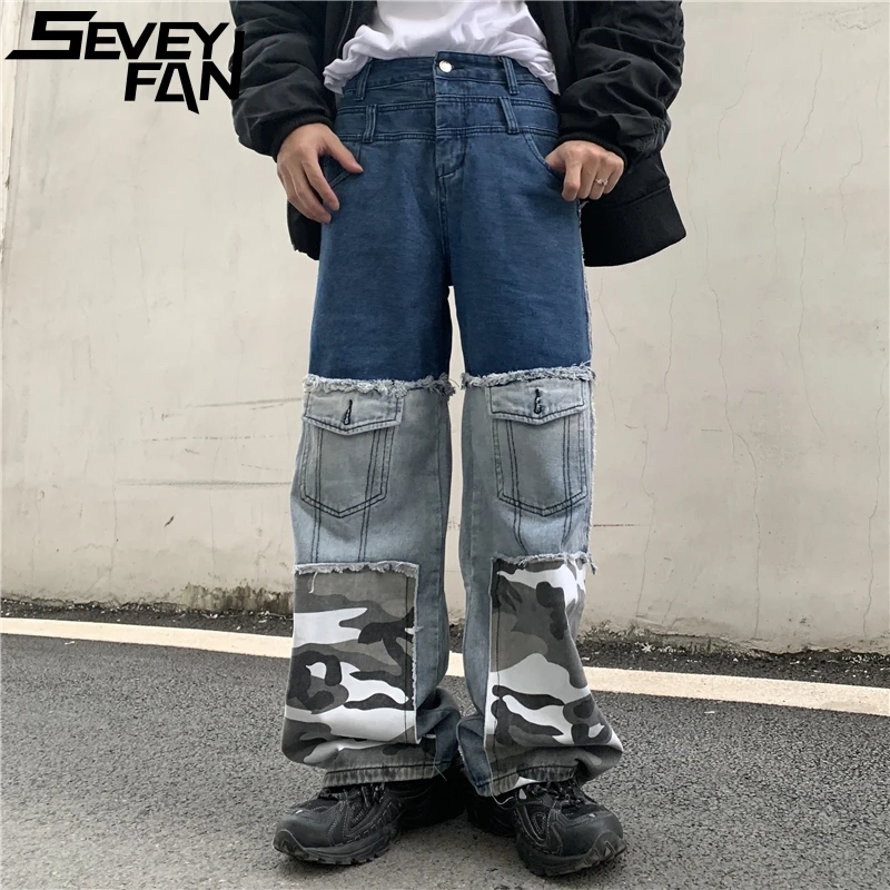 

SEVEYFAN Hi Street Мужские Винтажные камуфляжные лоскутные джинсы карго хип-хоп Уличная одежда рваные джинсовые брюки для мужчин