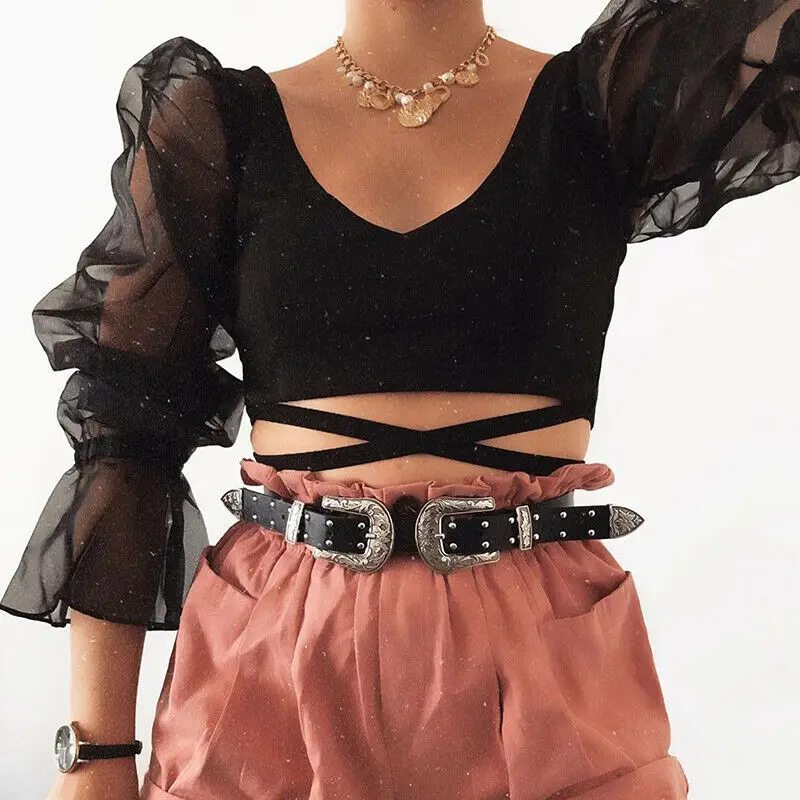 NEW Womens Sheer Mesh Puff Sleeve Cropped Tops Spliced Lace up Slim Fit Vest V Neck Retro Fashion hirts Blouse | Женская одежда