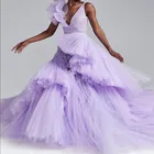 Элегантное вечернее платье с глубоким V-образным вырезом и оборками, юбки на бретелях-спагетти в пол, многослойное Пышное Тюлевое вечернее платье, женское