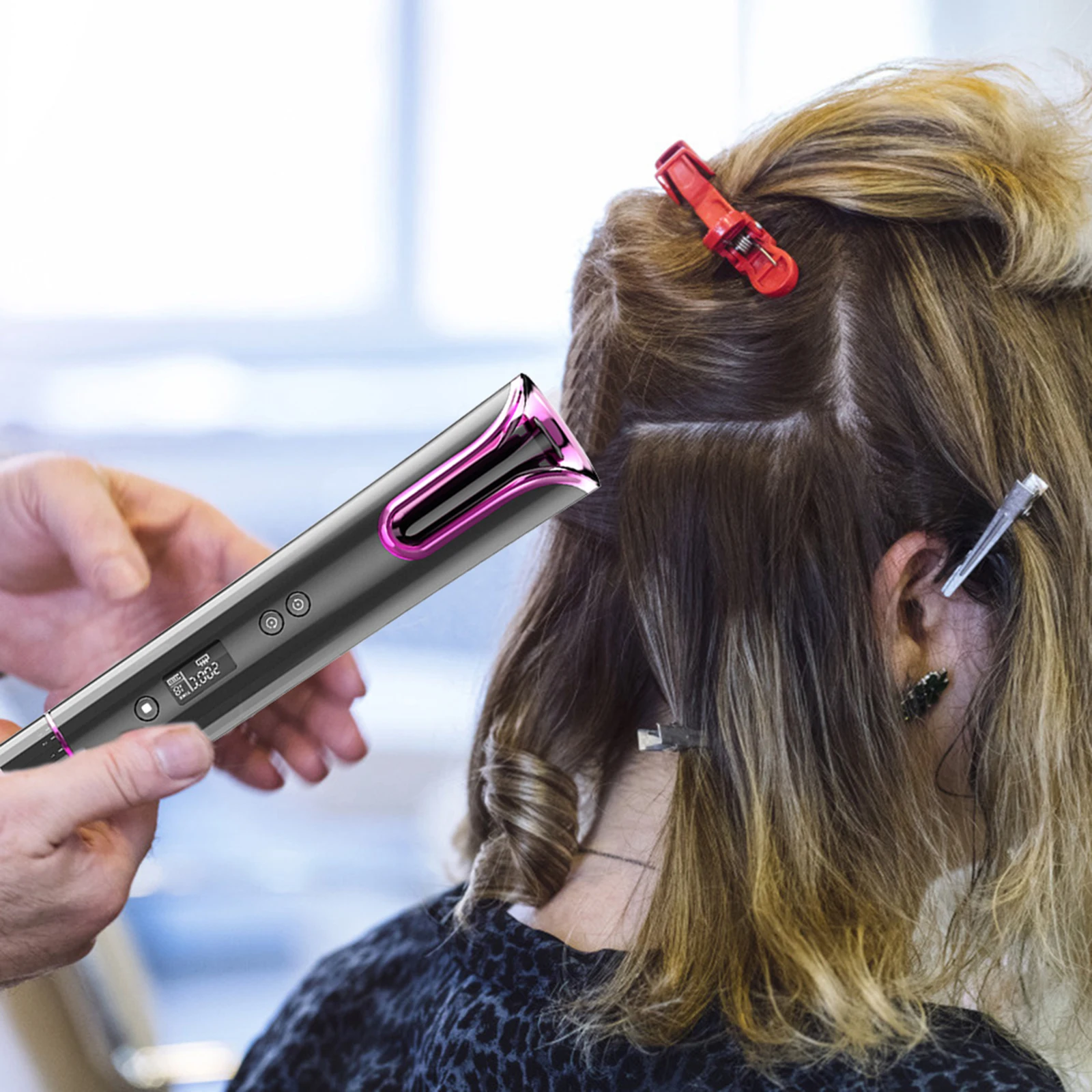 

Cordless Automatic Hair Curler USB Rechargeable Curling Iron Curls Waves LCD Display Ceramic Curly Rotating Curling with Gift