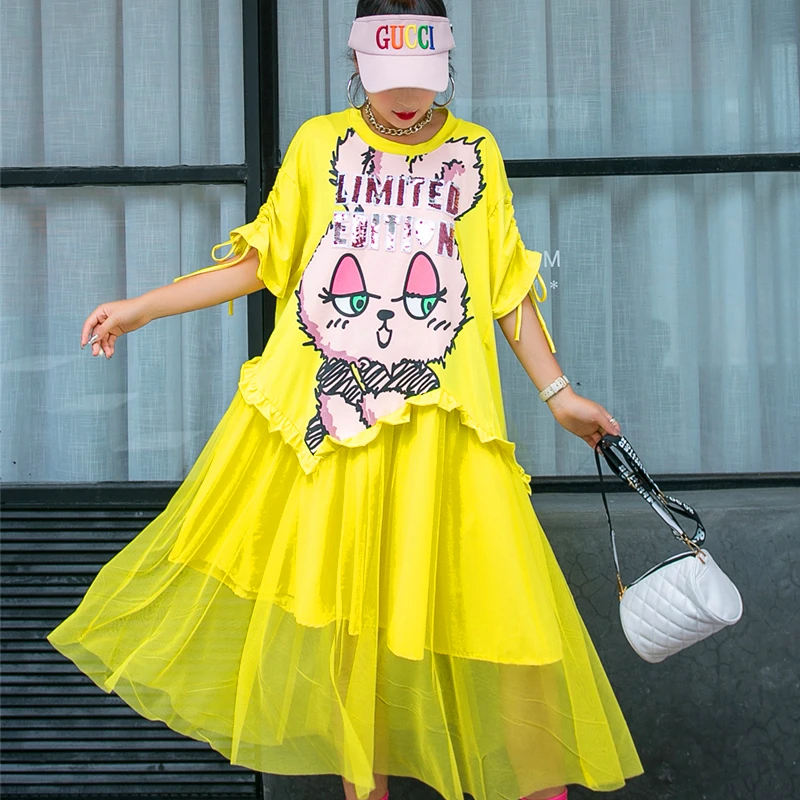 Женское платье брендовая футболка с мультяшным принтом и блестками свободное