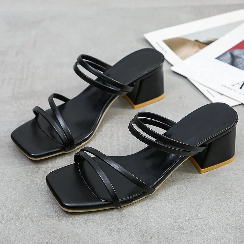 

Women New Style Slippers Square Toe Khaki Sandal Summer Shoes Woman Black Slides Slipper Female High Heel Beige Vintage Sandels