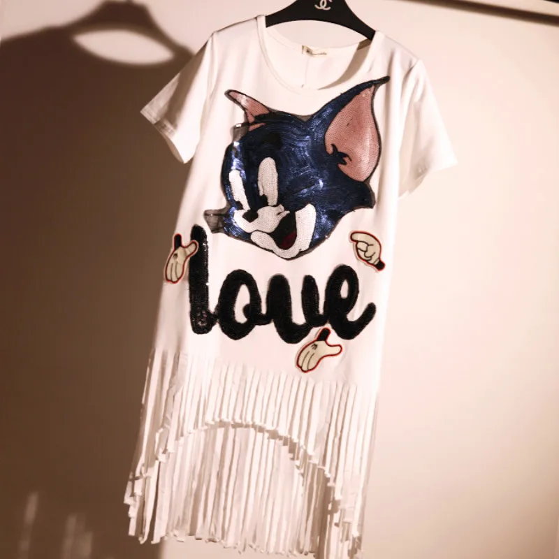 Харадзюку рубашка мультфильм блёстки синий кот футболка с вышивкой кисточки