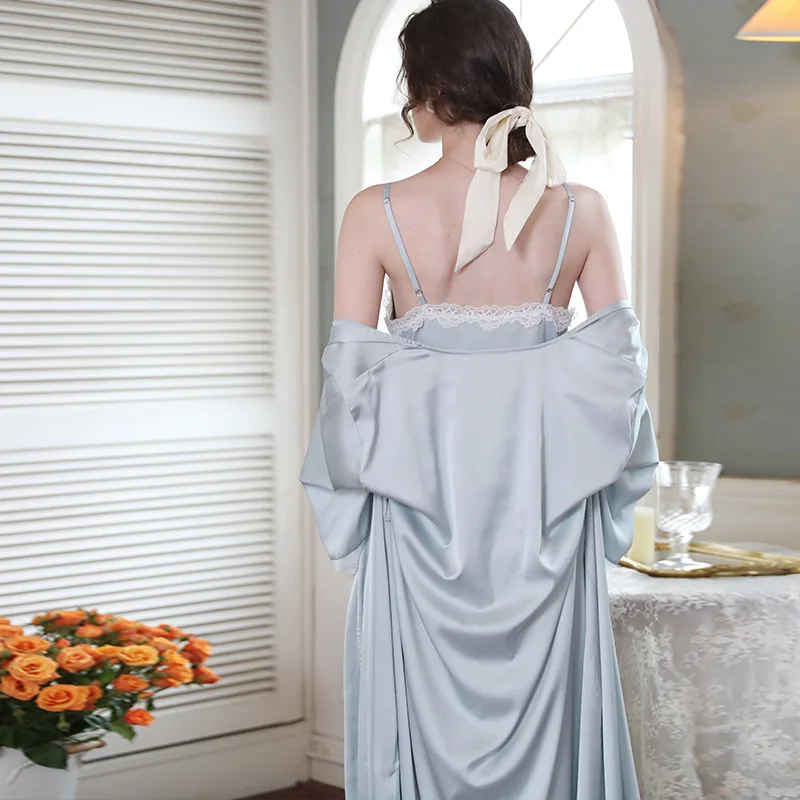 

Women's pajamas two-piece set sexy ice silk long-sleeved lace sling pajama skirt summer sleepwear women set