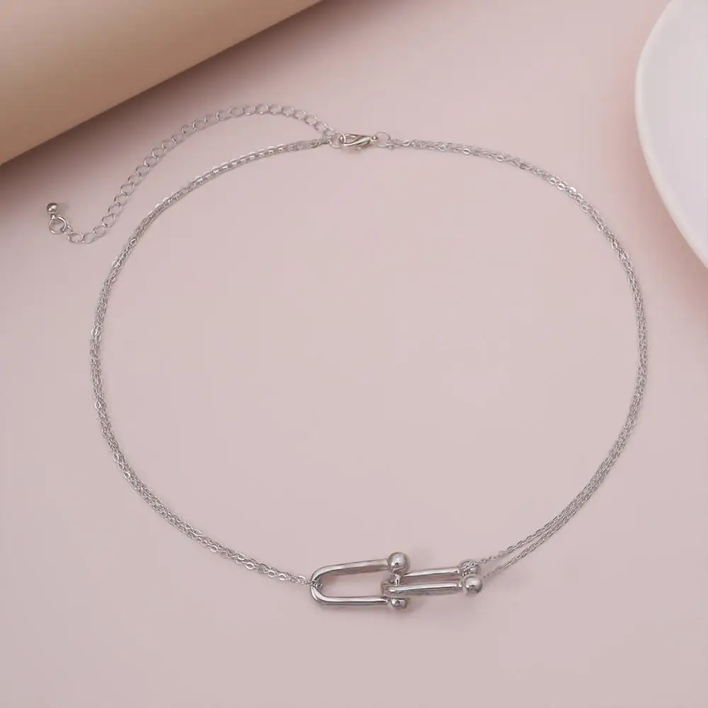 

IngeSight.Z Simple Minimalist U Shape Pendant Necklace Statement Gold Color Link Chain Choker Necklace Collar for Women Jewelry