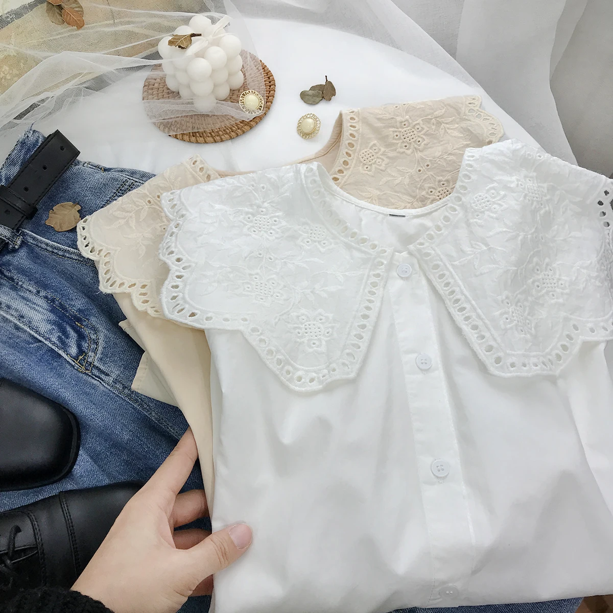 

KUSAHIKI 2021 Spring Women Shirt Chic Embroidery Peter Pan Collar Top Blouse Korean Sweet Long Sleeve Camisas De Mujer 6E683