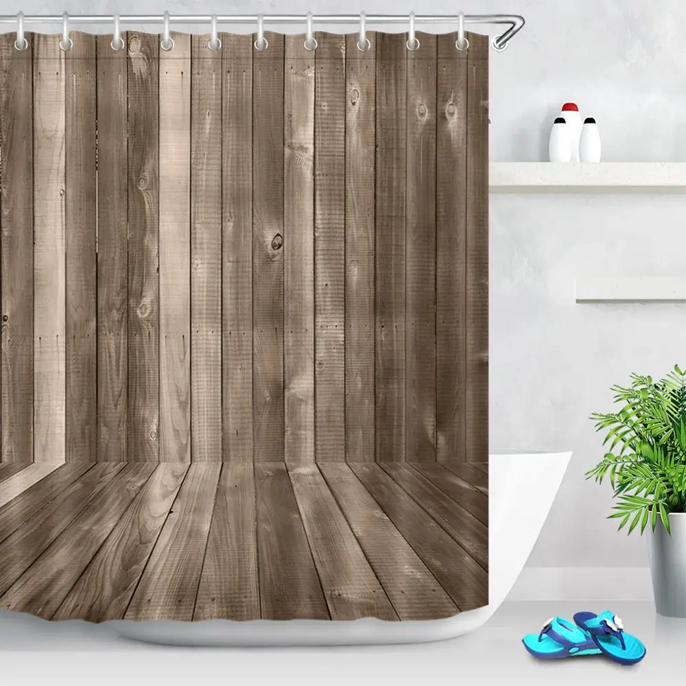 

Shower Curtain, Bathroom Curtains-3D Wooden Wall