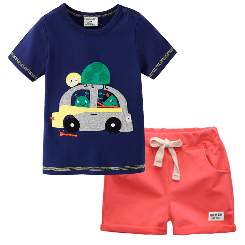 BINIDUCKLING Cartoon Car Design Kids Boys Clothes Set 2PCS Short-Sleeves T-Shirt+Shorts Outfit For Children Clothing |
