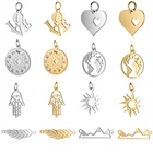 5 шт.лот, 12 знаков зодиака, оптовая продажа, подвески из нержавеющей стали с картой мира, подвески в виде листа, ладони, Sun Hamsa, ручные соединители