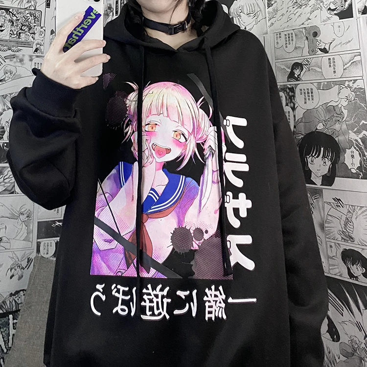 

My Hero Academia Winter Retro Hoodie Japan Second Element Hand-Painted Girl Print Plus Velvet Warm Sweatshirt Women