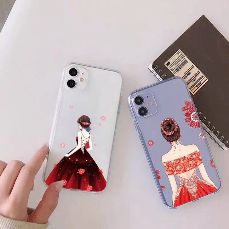 

red dress girl marry couple Phone Case Clear Transparent for iPhone 11 12 13 mini pro XS MAX 8 7 6 6S Plus X 5S SE XR 2020