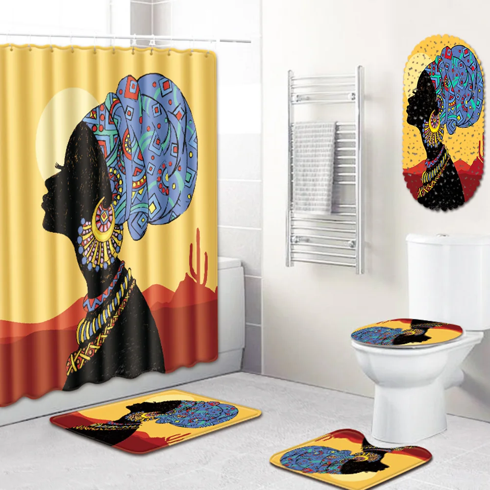 Set African Sexy Black 5pcs Girl Pattern Shower Curtains For Bathroom Creative Design Toilet Cover Bath Mat Curtain - купить по