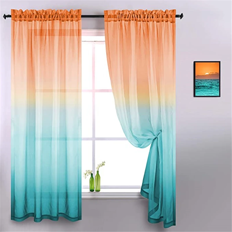 

Semi Gradient Linen Sheer Curtains Orange and Blue 2 Tone Reversible Rod Pocket for Bedroom Living Room Privacy Light Filtering