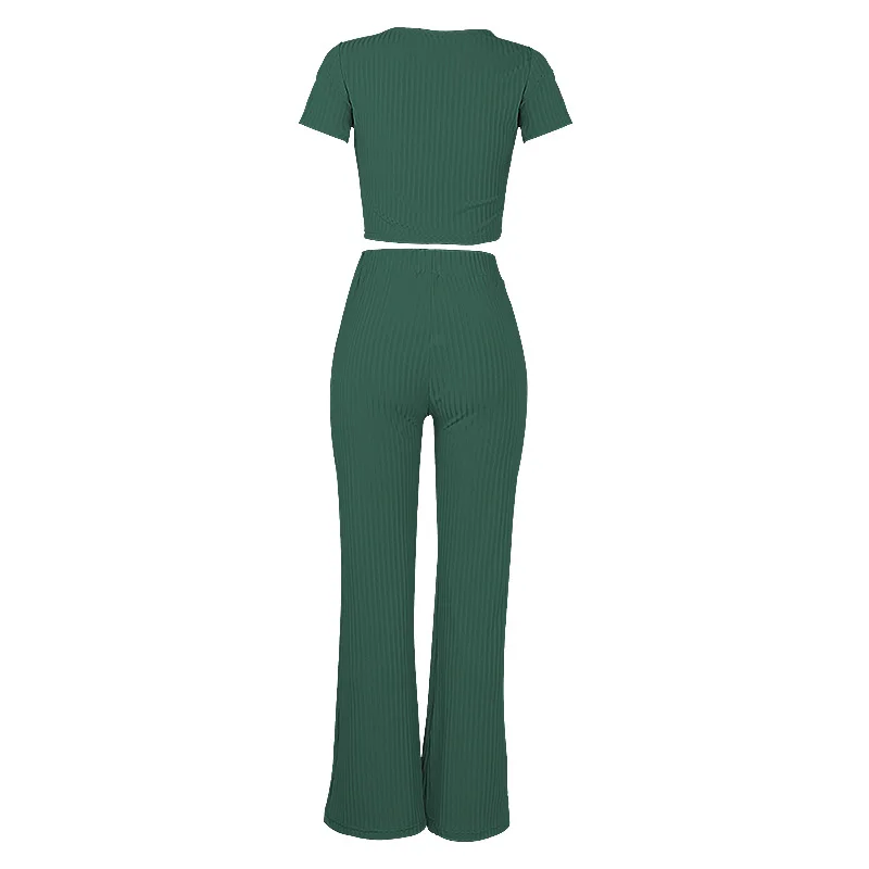 

New Fashion Woman Knitted Casual Set Two Piece Short Sleeve Crop Tops+ Long Pants Female Streetwear Tracksuit Outfit Set