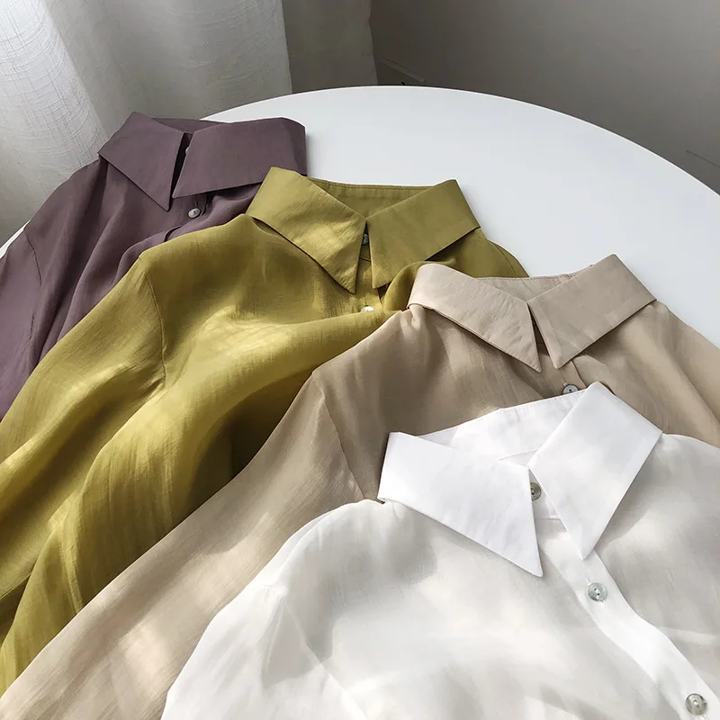 

2021 summer new chic fashion casual shirts turn-down collar long sleeve women blouses office lady elegant solid tencel blusas