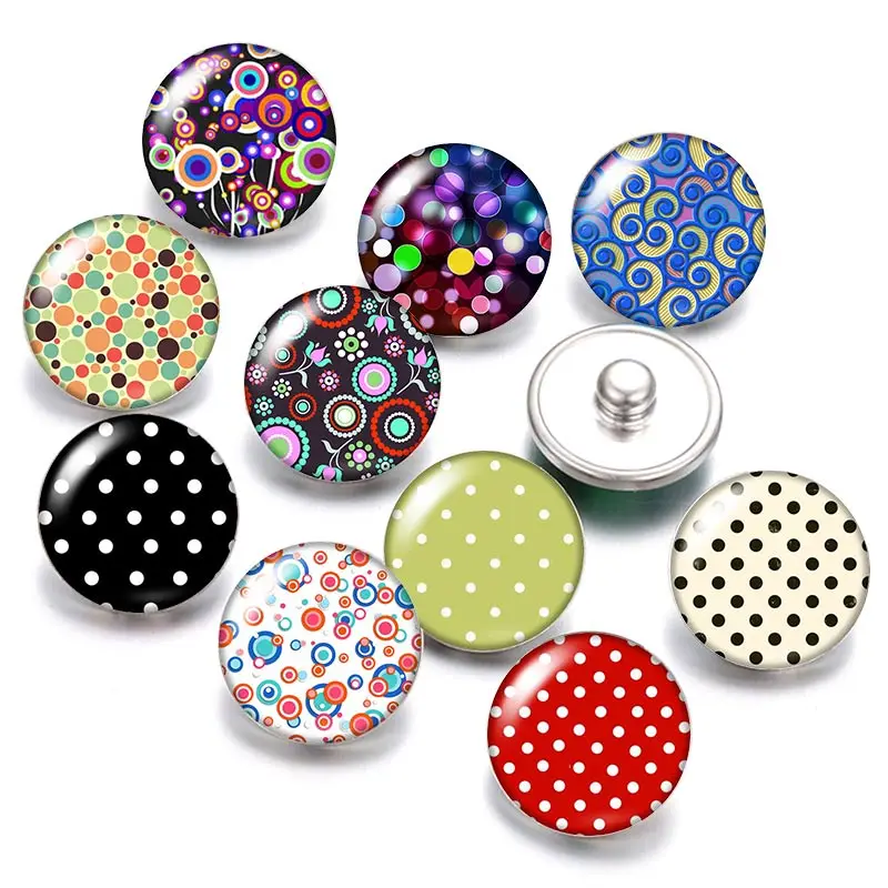 

Dots Lines Pattern flowers 18mm snap buttons 10pcs mixed round photo glass cabochon style for snap button jewelry