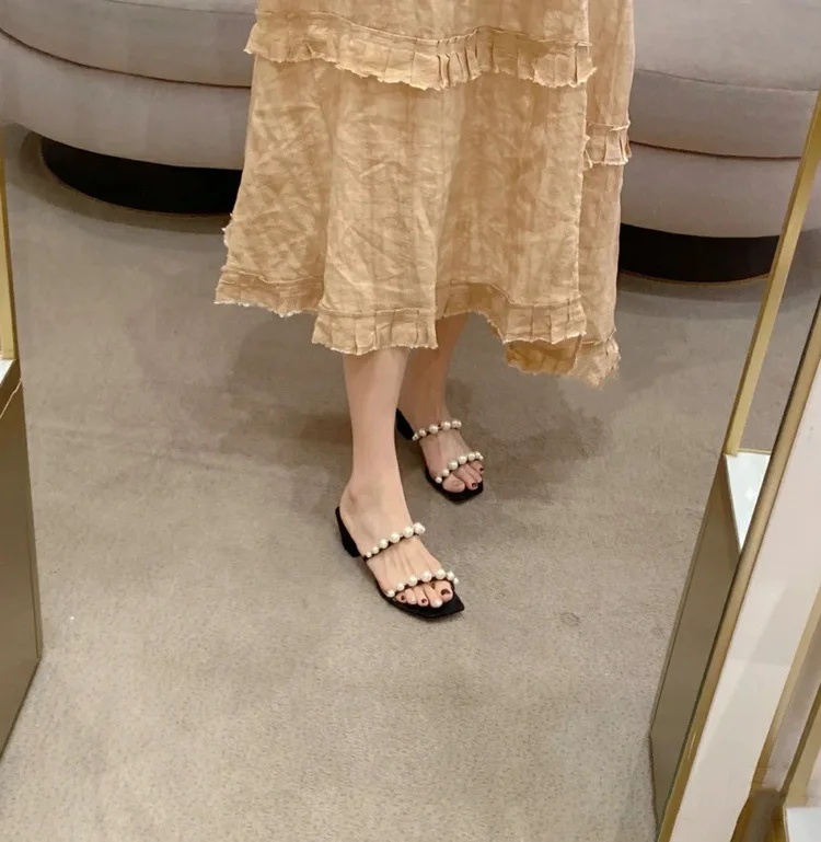 Koovan Women's Sandals 2021 Pearl Square Heels Silver Summer Sandals For Girls Footwears Rhinestone Shoes For Women