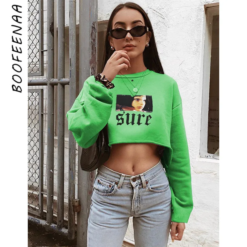 BOOFEENAA/зеленый Укороченный свитшот с капюшоном и принтом головы для девочек