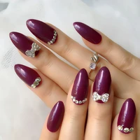 custom 24pcs crystal bowknot false nails sequins stiletto full cover deep purple french fake nails decoration tips