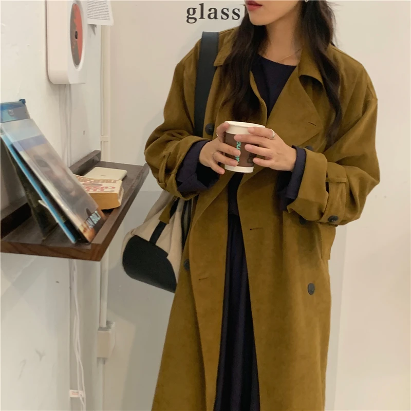 Тренчкот женский двубортный с поясом модная брендовая Длинная коричневая