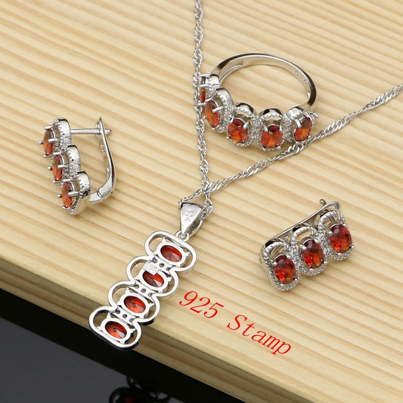 

Bridal Jewelry Sets Red Cubic Zirconia 925 Sterling Silver for Women Earring Ring Dropshipping Necklace Set Fashion Gift Jewelry
