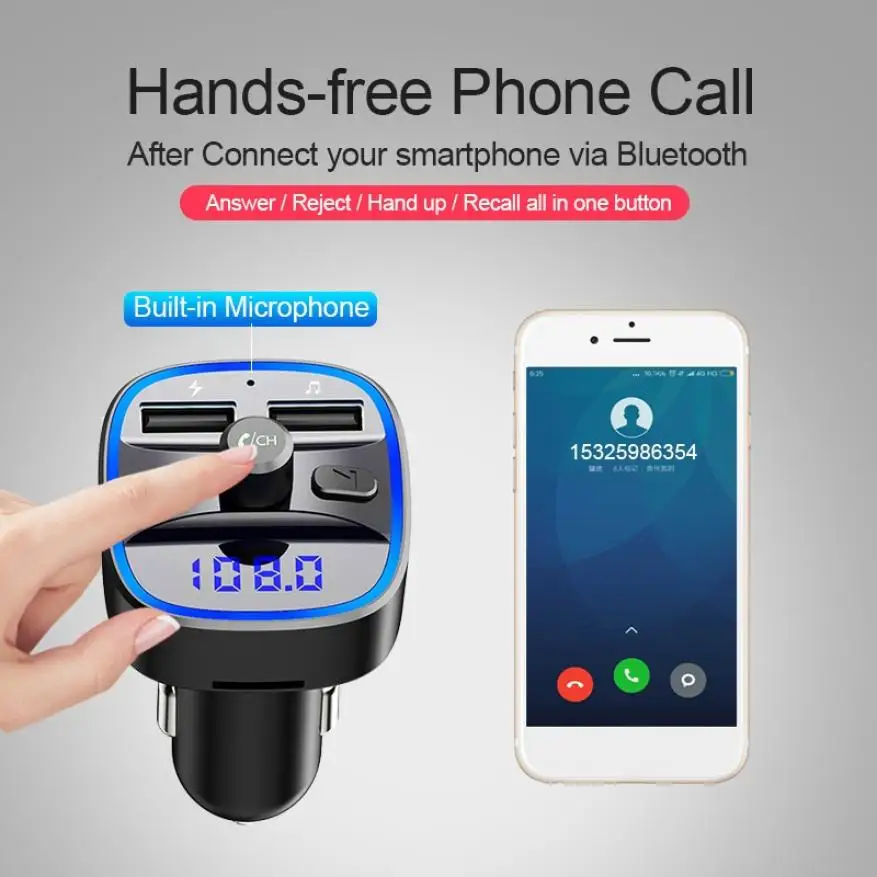 

Car Kit Handsfree Wireless Bluetooth 5.0 FM Transmitter transmetteur fm bluetooth voiture LCD MP3 Player USB Charger 2.4A Car