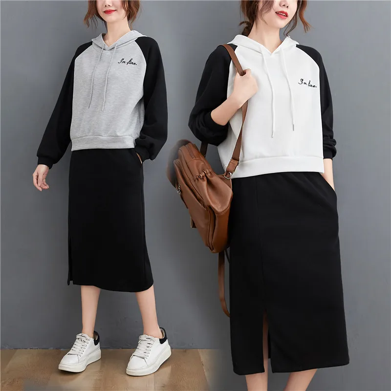 

Plus size women's autumn and winter suit hooded long-sleeved jacket + half skirt two-piece female ensemble femme survetement