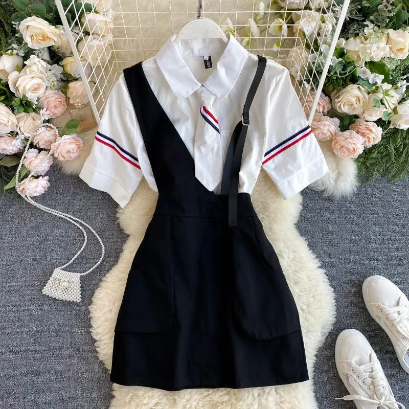 

2021 Summer Dress Suit For Women Short Sleeve Shirts + High Waist Suspender Skirt Two Piece Set Dresses