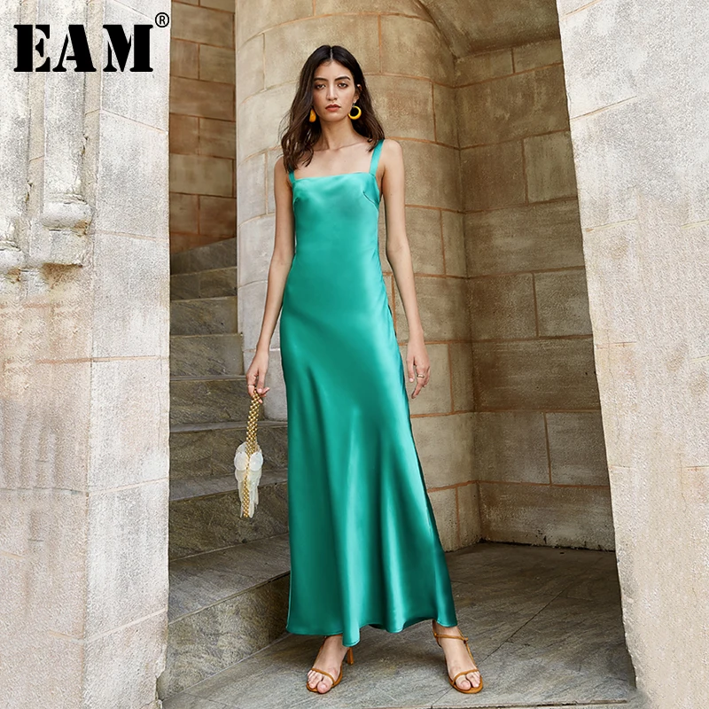 

[EAM] женское сексуальное зеленое короткое Длинное Элегантное платье на бретельках, новинка, без рукавов, свободное, модное, весна-лето 2021 1U687