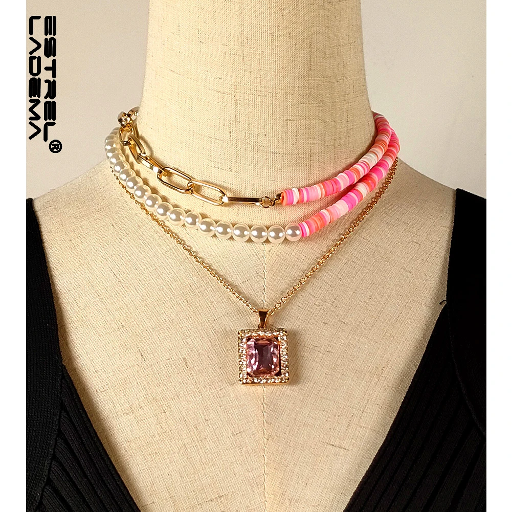 

2021 Trendy Rainbow Clay Beads Choker Beaded Necklace for Women Layered Crystal Square Collar Chain Asymmetric Beach Jewelry New