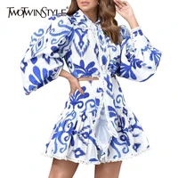 twotwinstyle bowknot print hit color elegant two piece set for women lapel collar puff sleeve shirt high waist skirt female suit